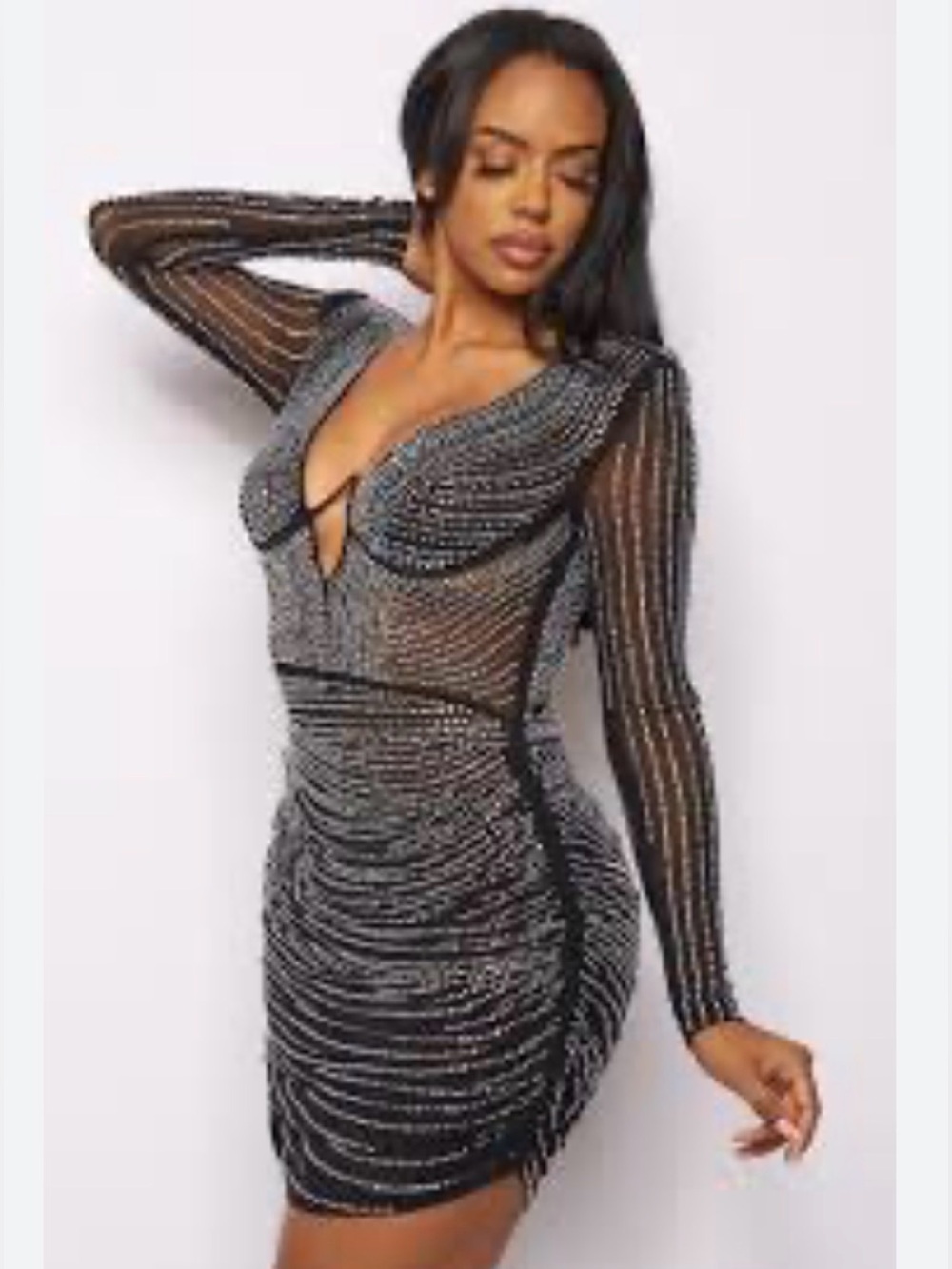 Banjul black rhinestone mesh dress sheer bodice deep plunging V-neckline 1XL